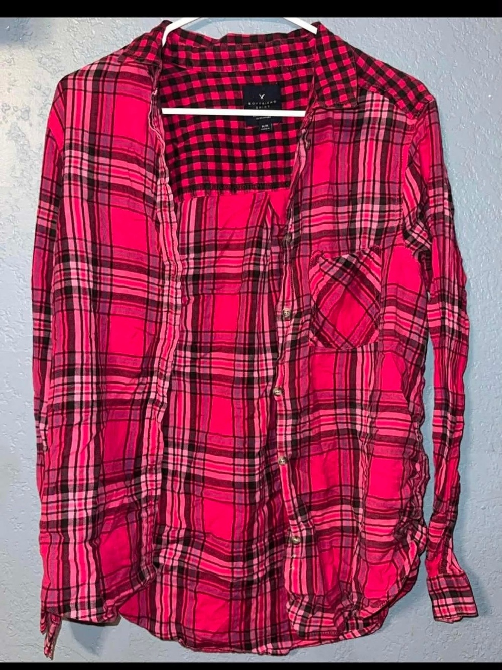 American Eagle Outfitters Hot Pink Plaid Button-Down Boyfriend Shirt